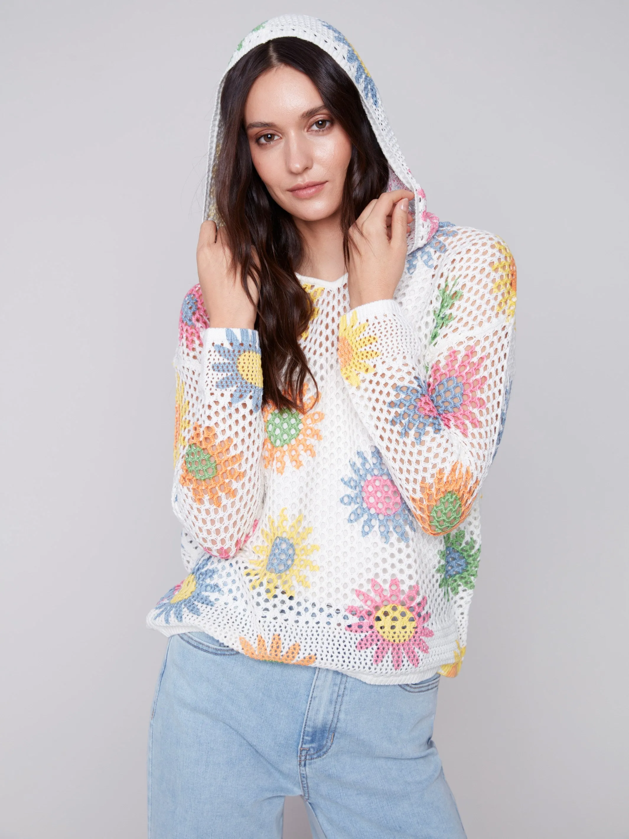 Printed Fishnet Crochet Hoodie Sweater - Daisies