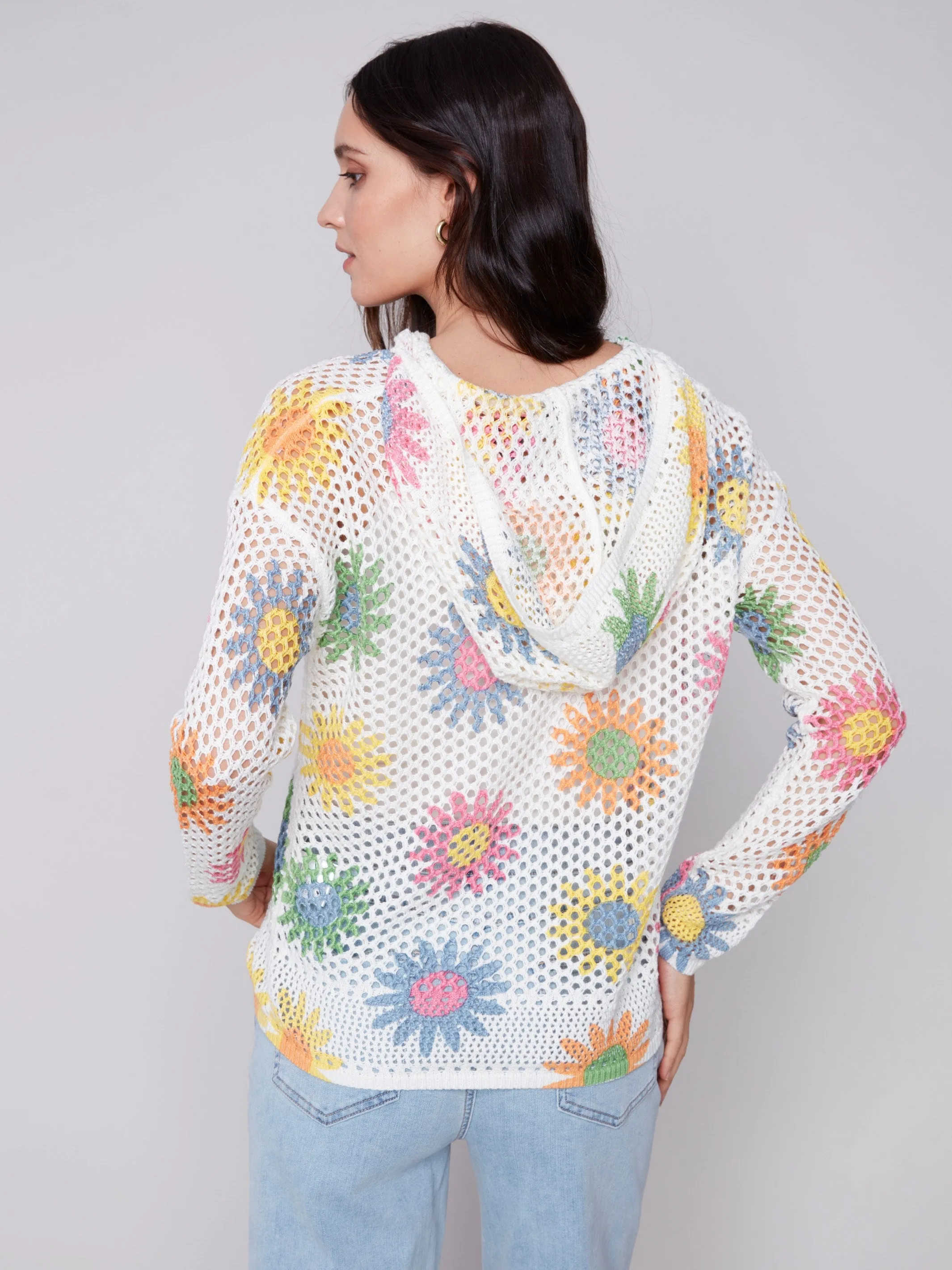 Printed Fishnet Crochet Hoodie Sweater - Daisies