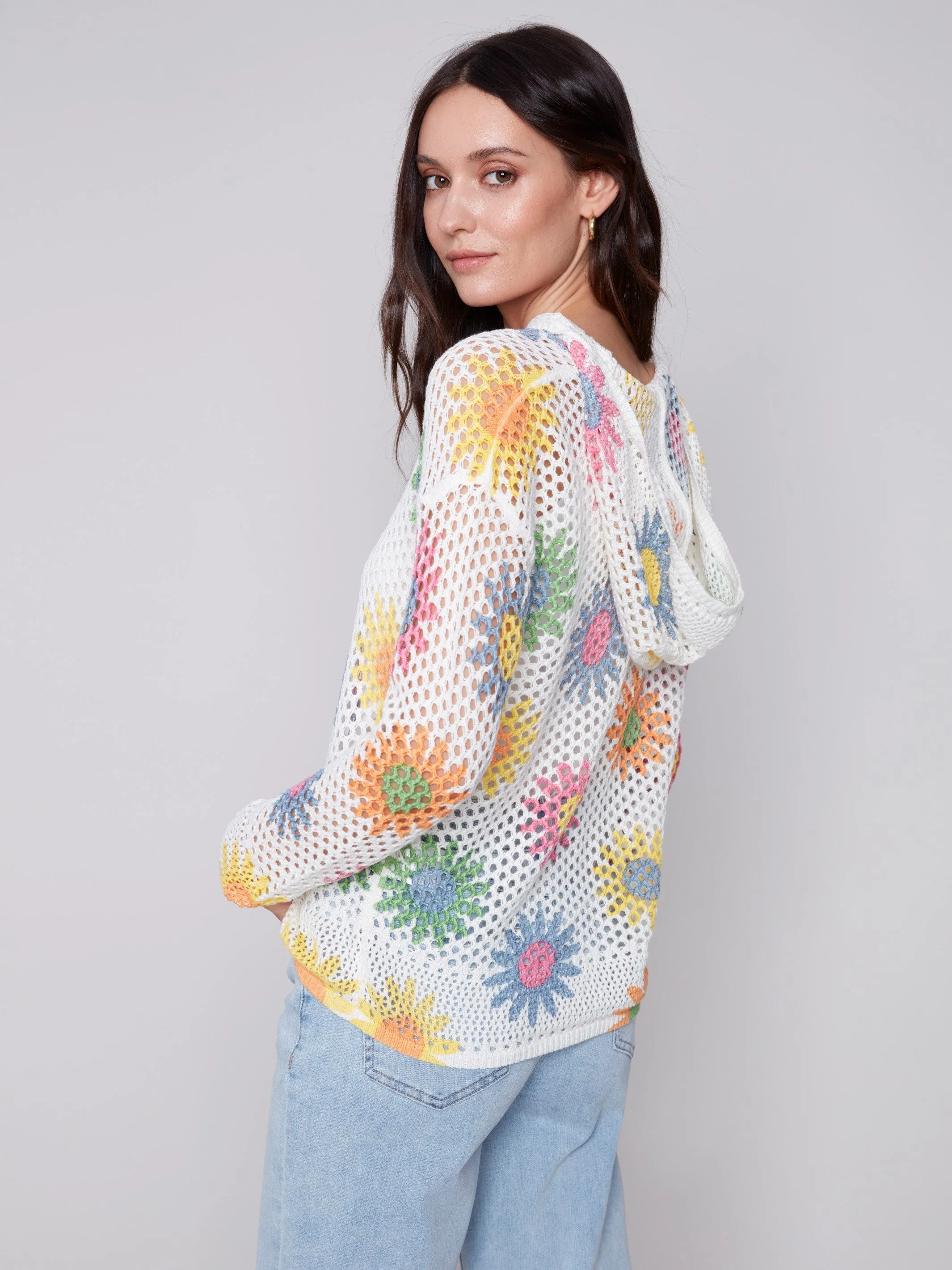 Printed Fishnet Crochet Hoodie Sweater - Daisies