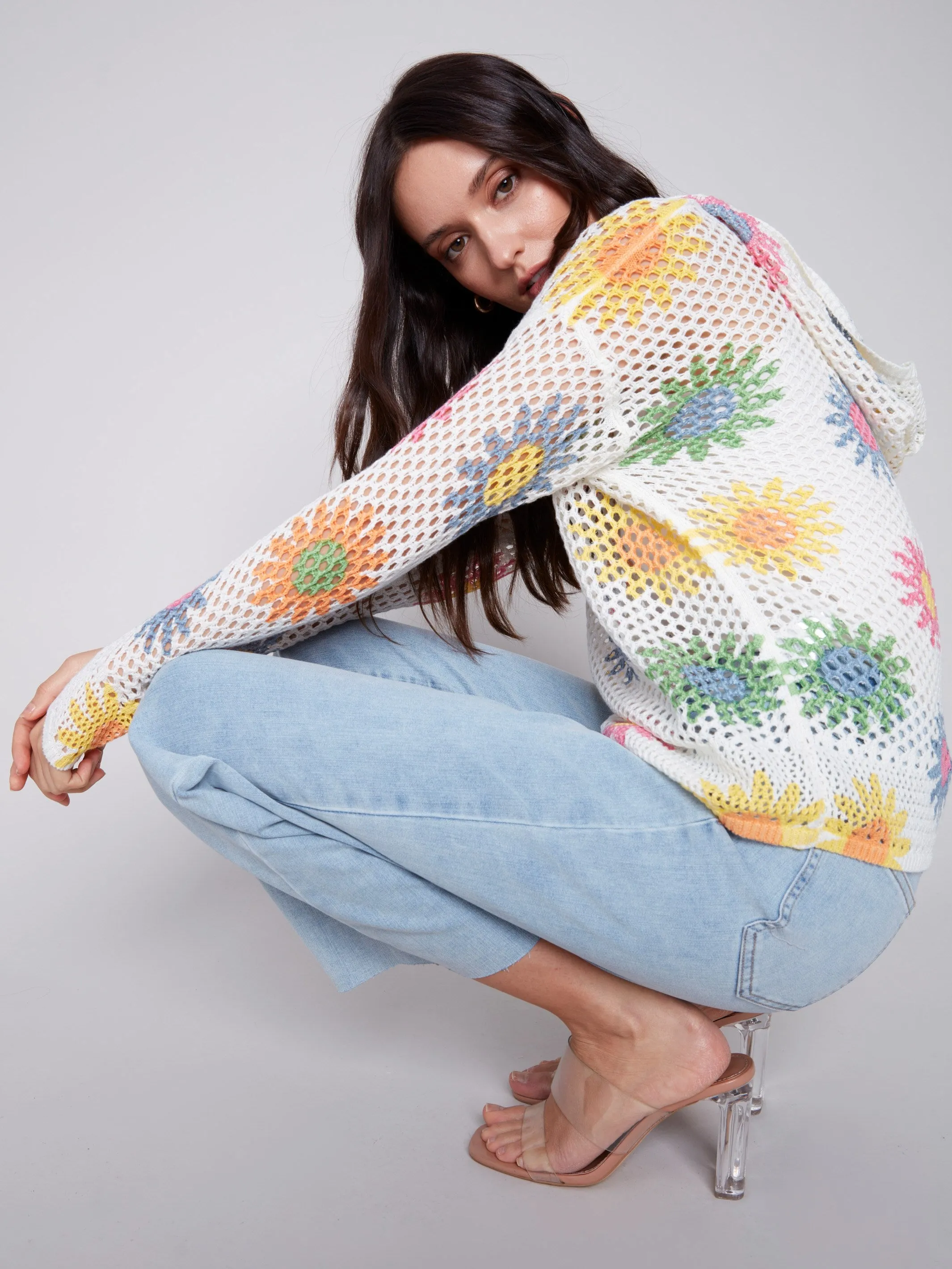 Printed Fishnet Crochet Hoodie Sweater - Daisies