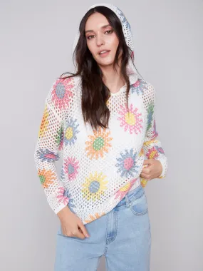 Printed Fishnet Crochet Hoodie Sweater - Daisies