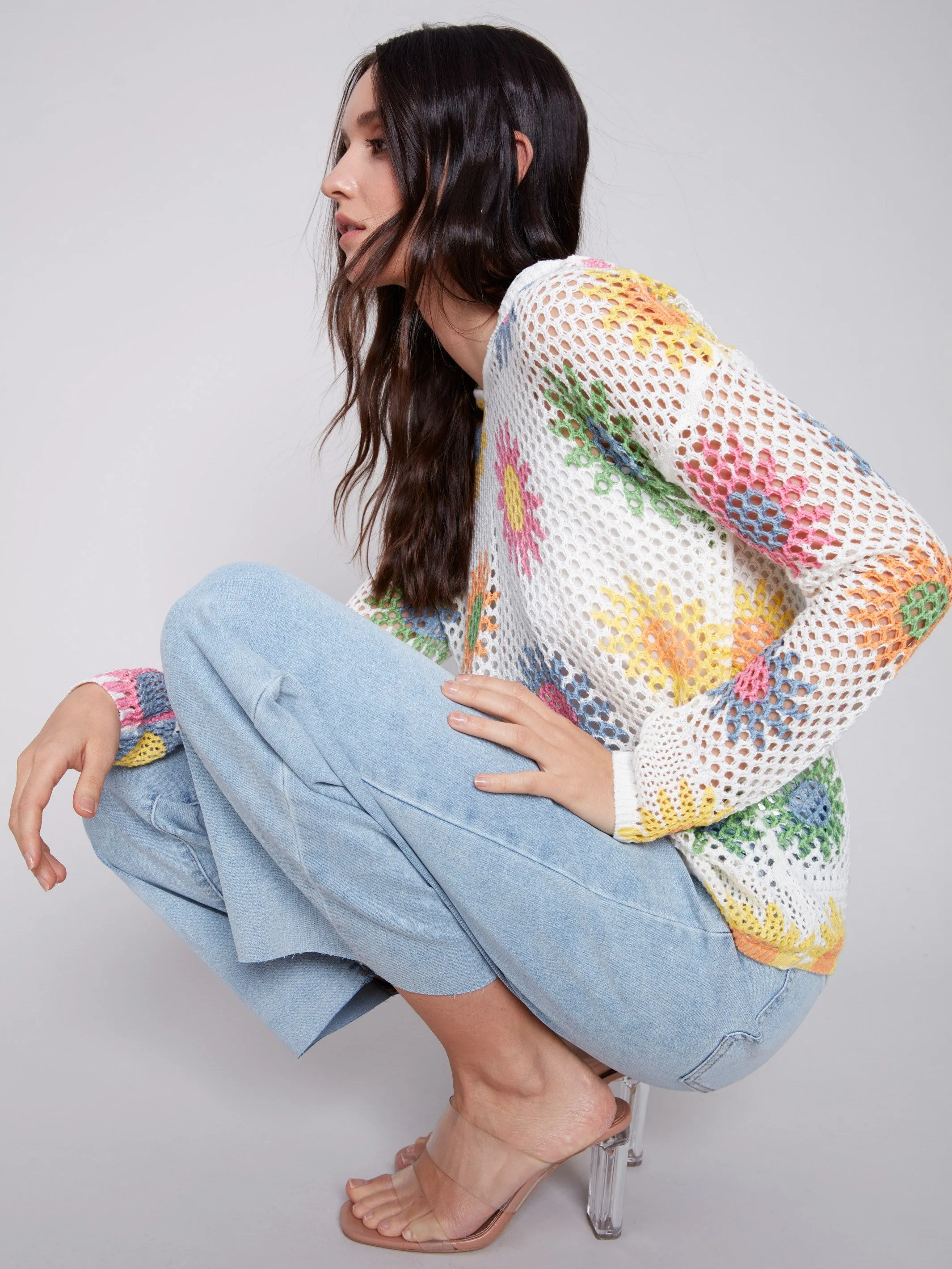 Printed Fishnet Crochet Hoodie Sweater - Daisies