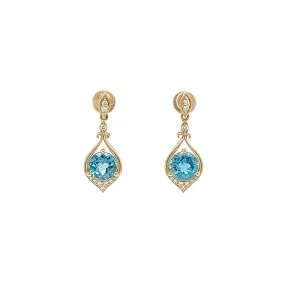 Round Blue Topaz Drop Earrings with Twenty Diamonds in 14K Yellow Gold