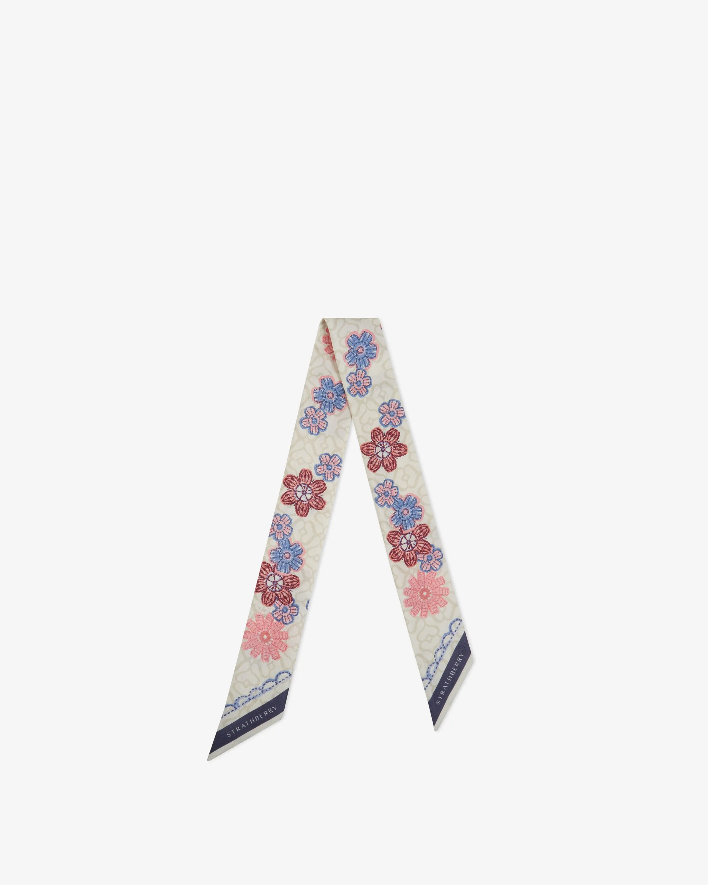 Silk Skinny Scarf - Monogram Floral Print Pink/Blue