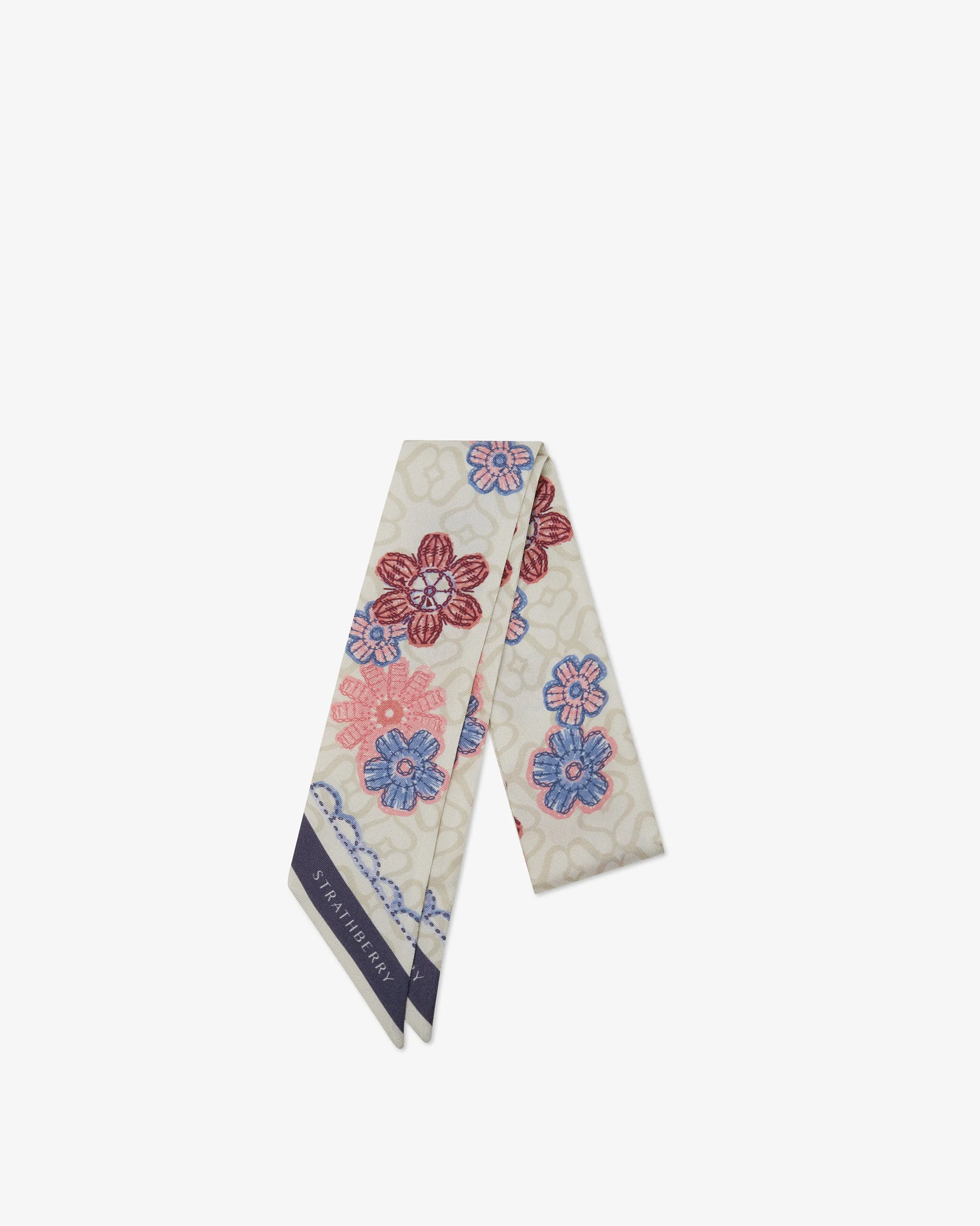 Silk Skinny Scarf - Monogram Floral Print Pink/Blue