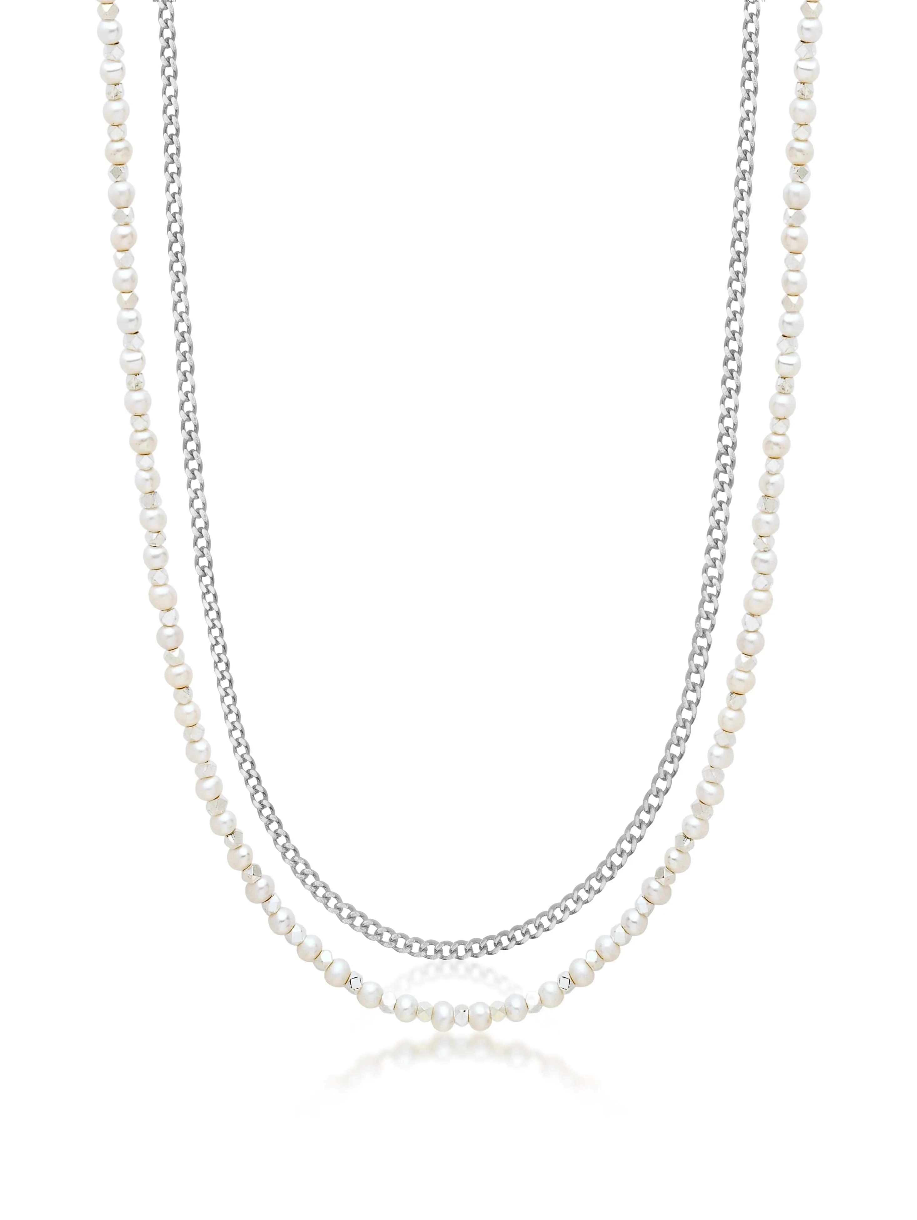 Silver Necklace Layer with 3mm Cuban Link Chain and Pearl Necklace