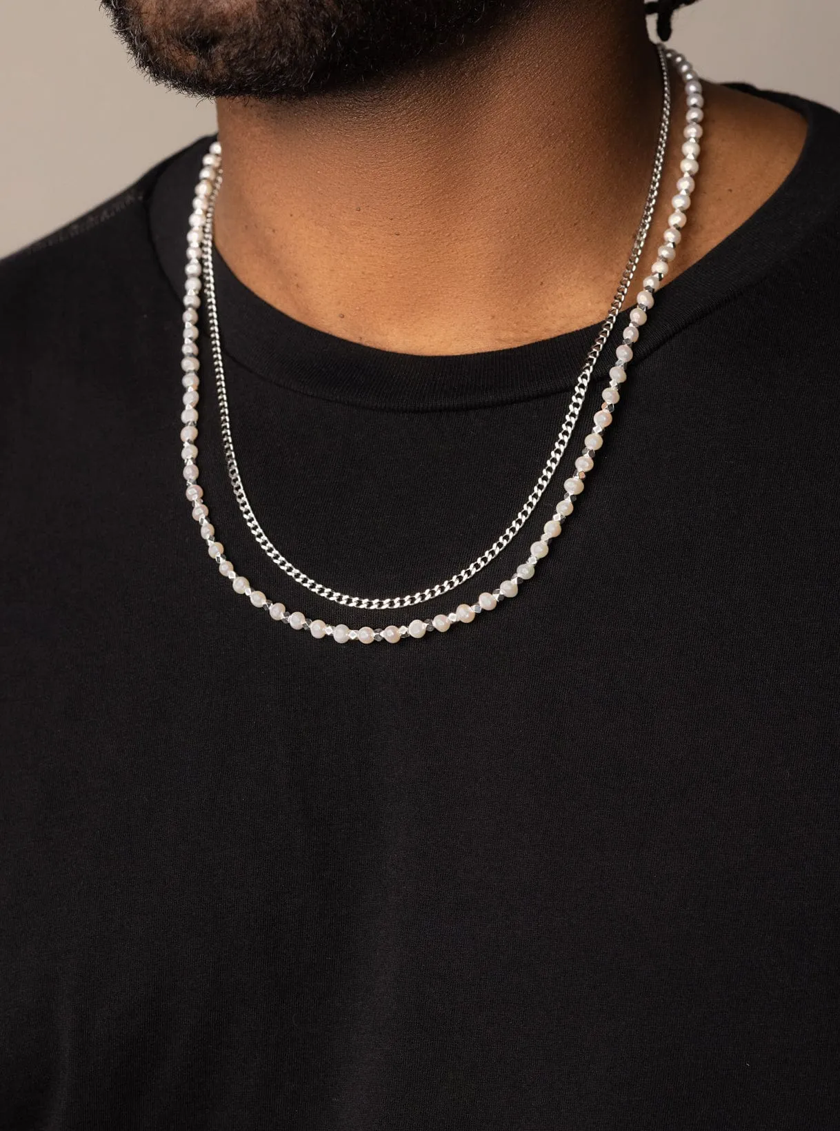 Silver Necklace Layer with 3mm Cuban Link Chain and Pearl Necklace