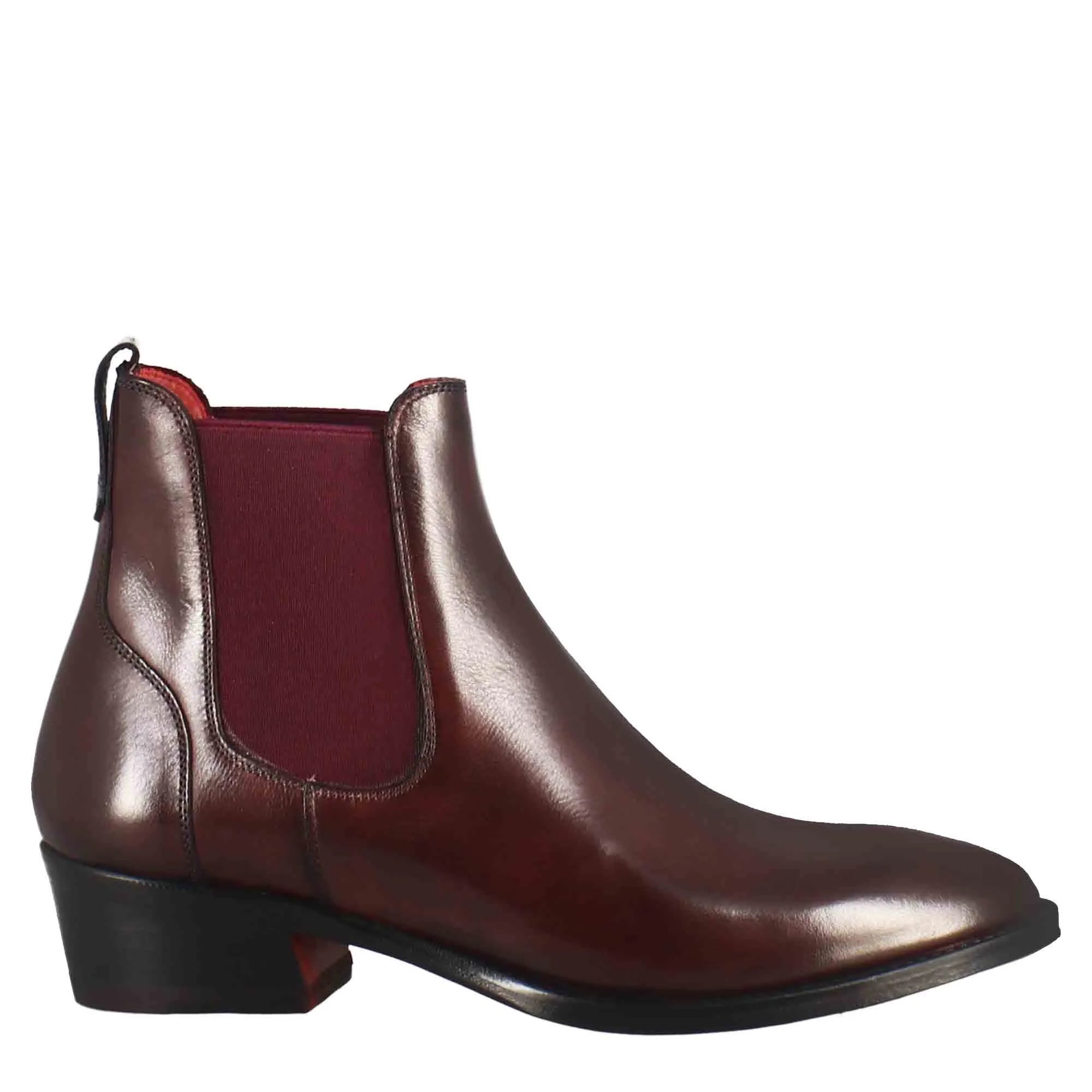 Stivaletto da donna chelsea liscio con tacco medio in pelle colore bordeaux