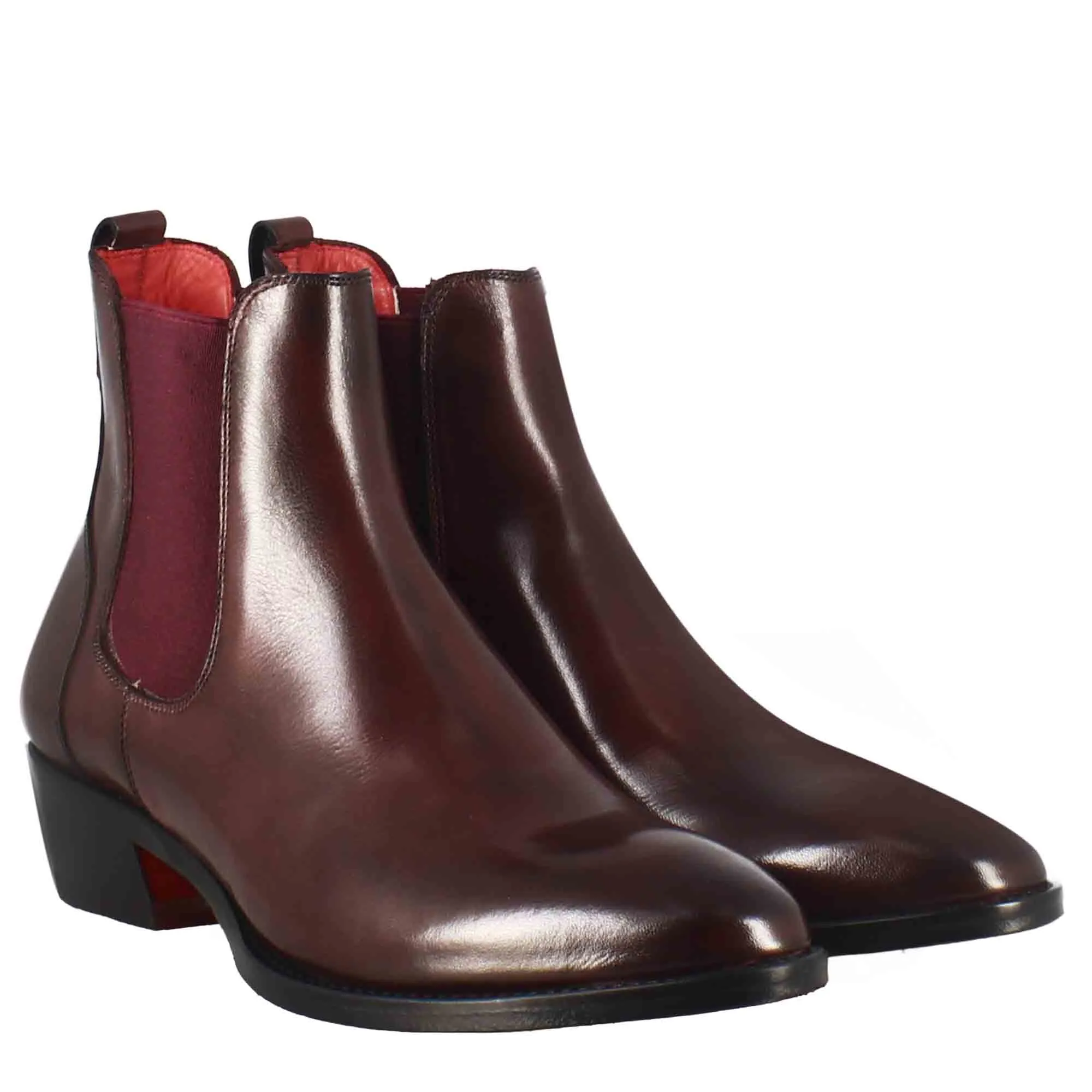 Stivaletto da donna chelsea liscio con tacco medio in pelle colore bordeaux