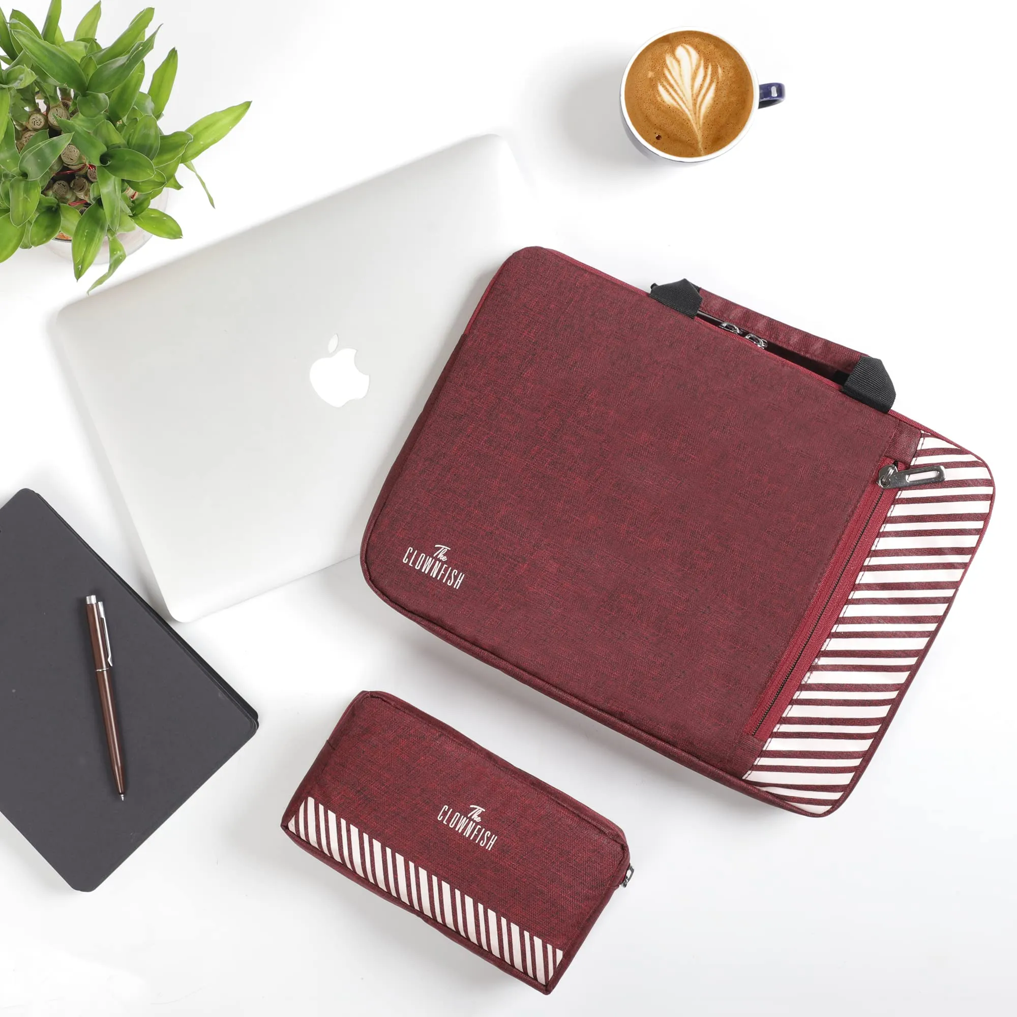 The Clownfish Combo of Rex Series Polyester 13 inch Laptop Sleeve with Comfortable Carry Handle & Scholar Series Multipurpose Polyester Travel Pouch Pencil Case Toiletry Bag (Maroon)