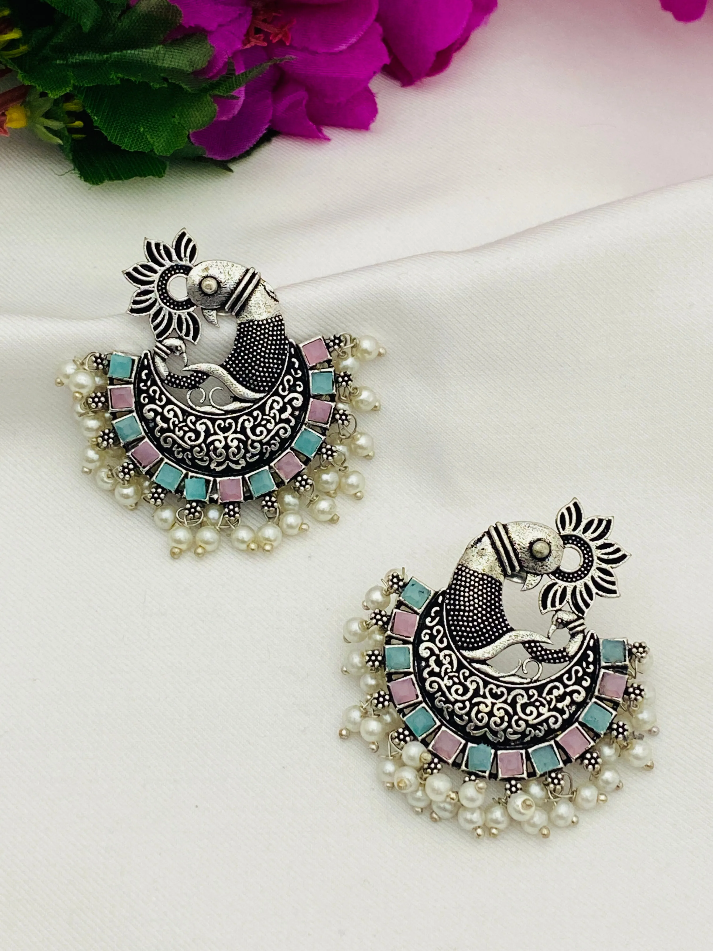 Trendy Multi Color Stone Beaded Peacock Model Silver Toned Oxidized Earrings With Pearl Drops