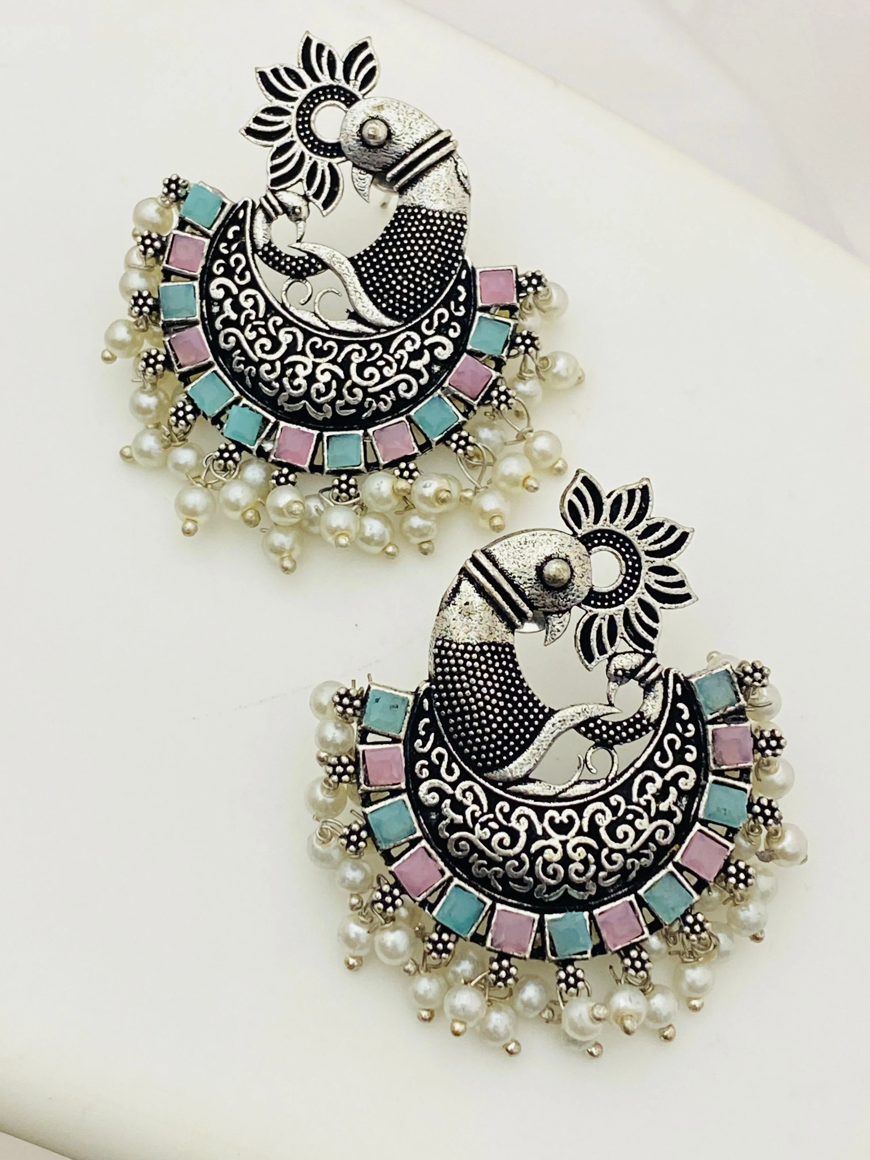 Trendy Multi Color Stone Beaded Peacock Model Silver Toned Oxidized Earrings With Pearl Drops