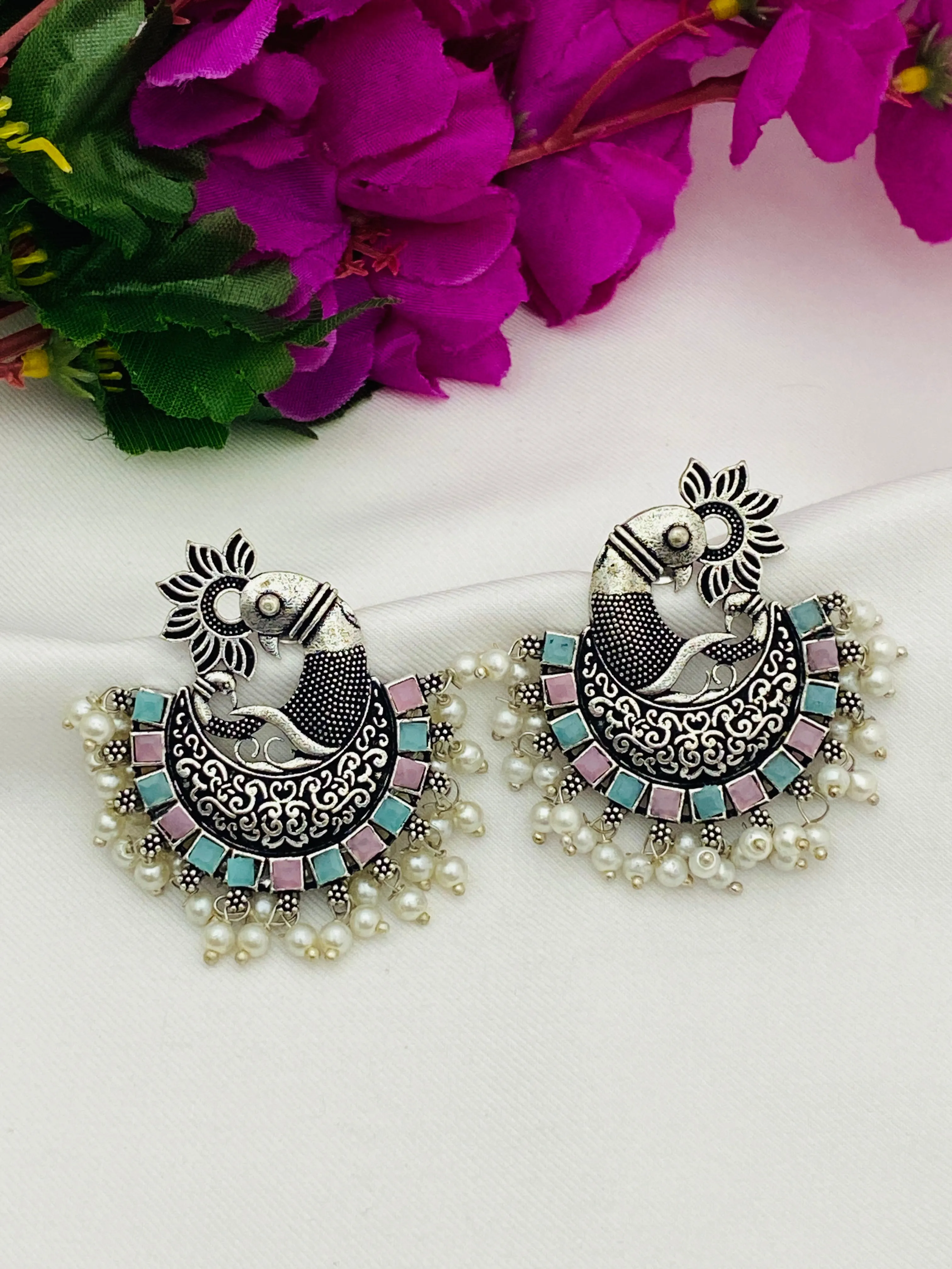 Trendy Multi Color Stone Beaded Peacock Model Silver Toned Oxidized Earrings With Pearl Drops