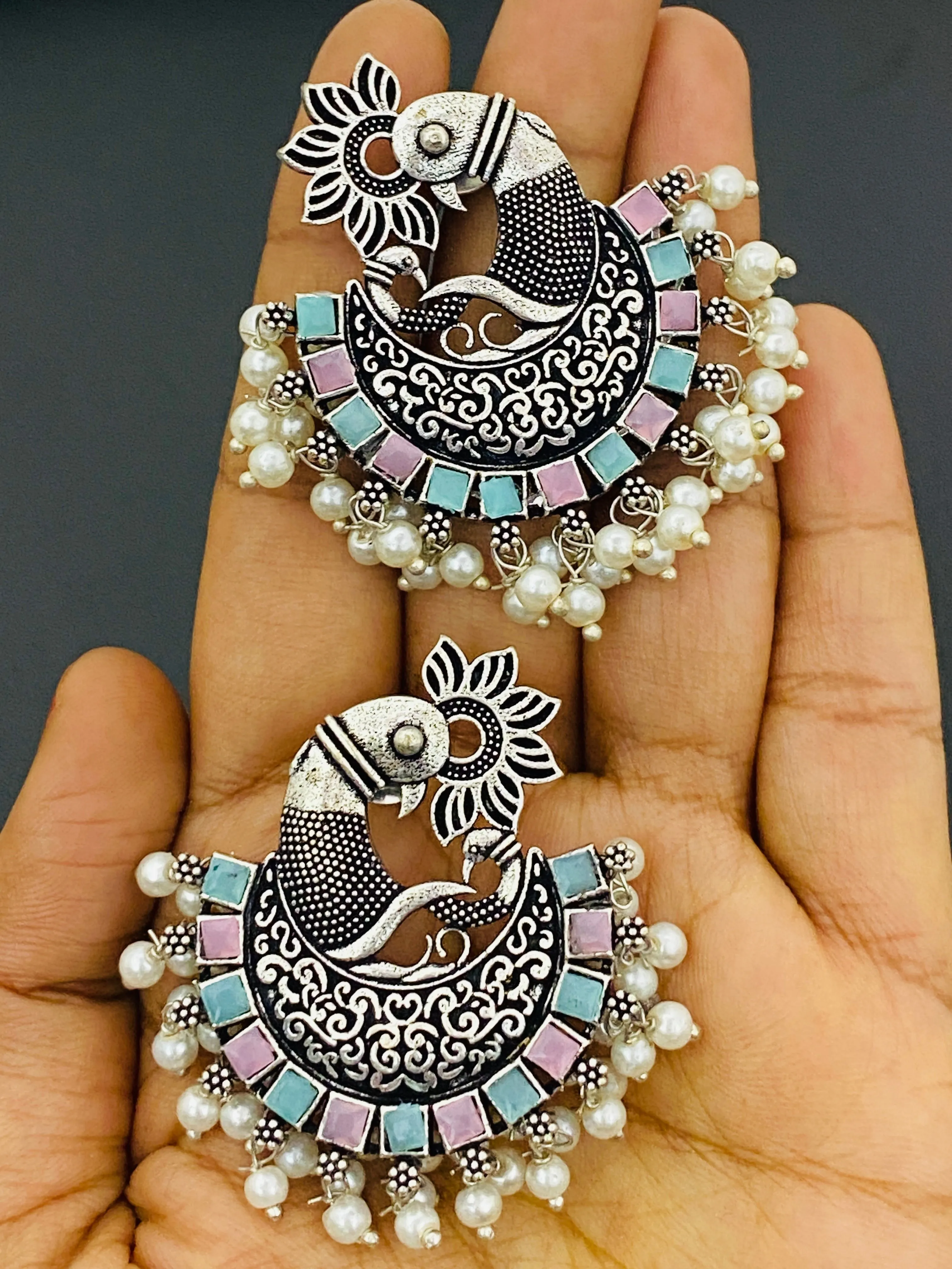 Trendy Multi Color Stone Beaded Peacock Model Silver Toned Oxidized Earrings With Pearl Drops