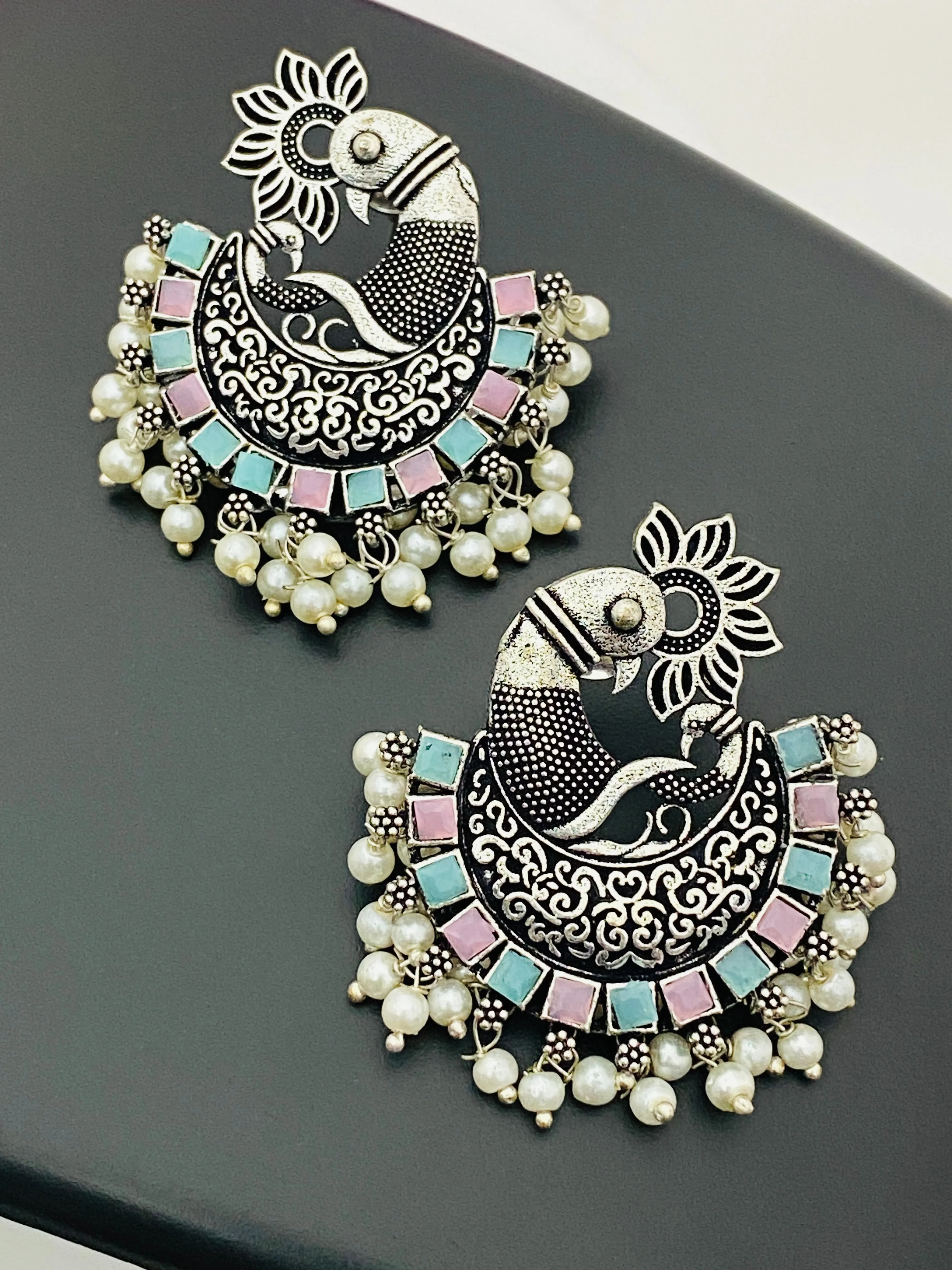 Trendy Multi Color Stone Beaded Peacock Model Silver Toned Oxidized Earrings With Pearl Drops