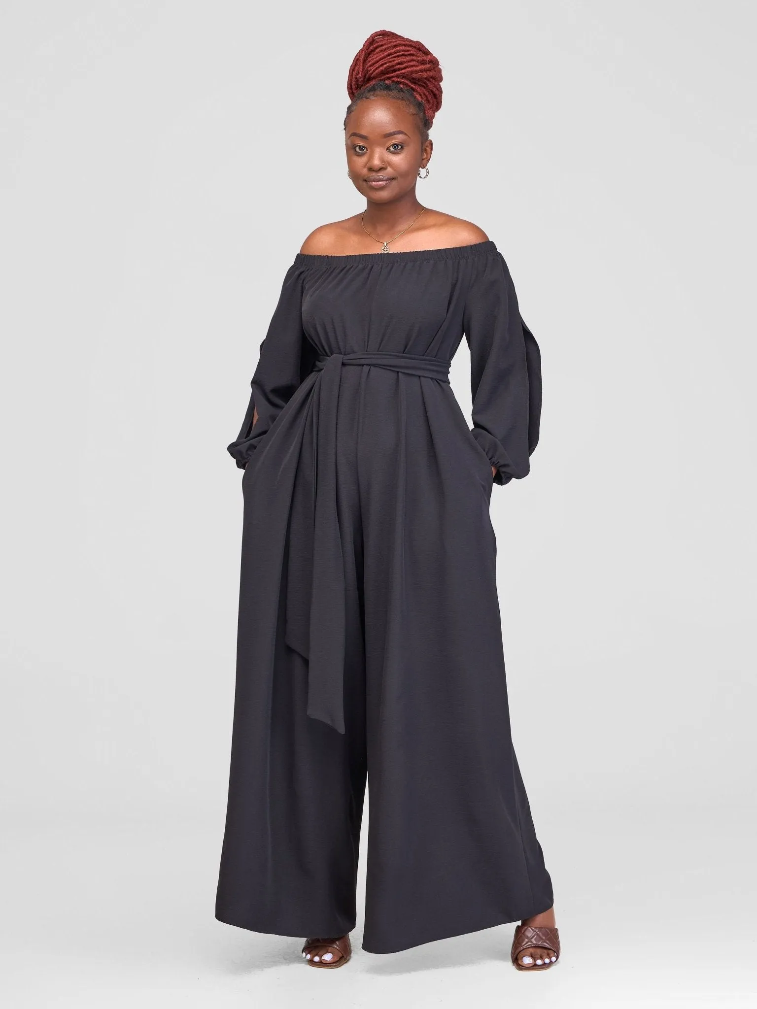 Vivo Yumi Off Shoulder Jumpsuit  - Black (Plain Belt)