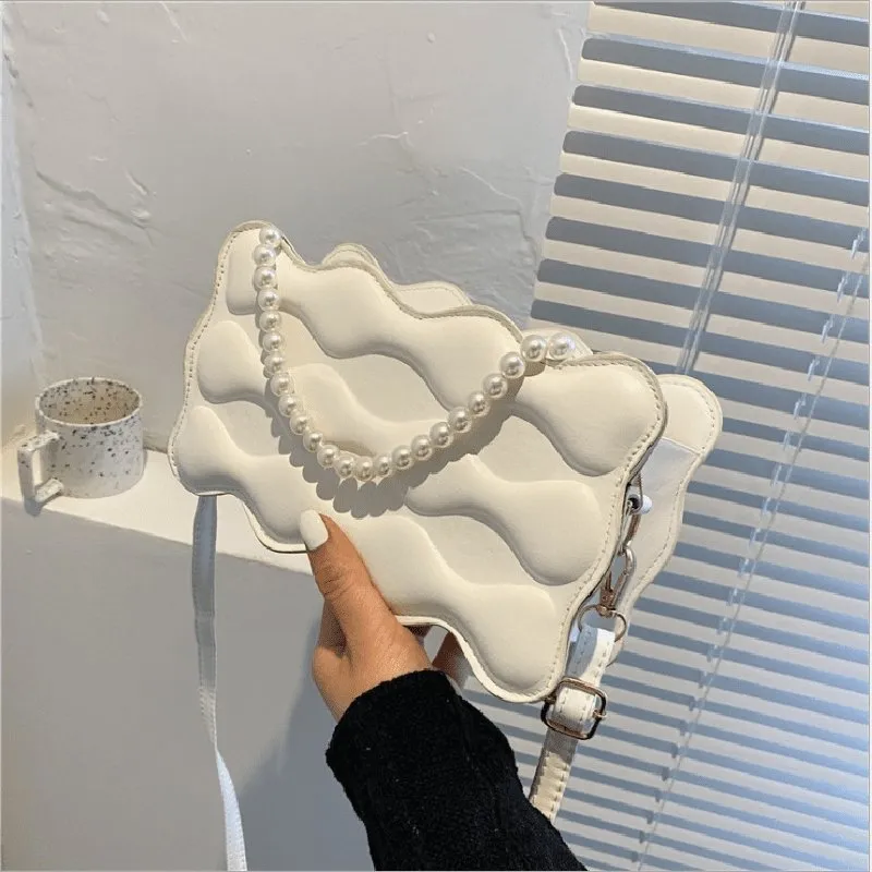 Wave Embossed Design Pearl Decorative Solid Color Crossbody Bag