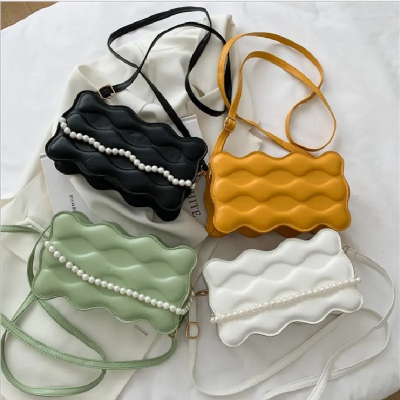 Wave Embossed Design Pearl Decorative Solid Color Crossbody Bag