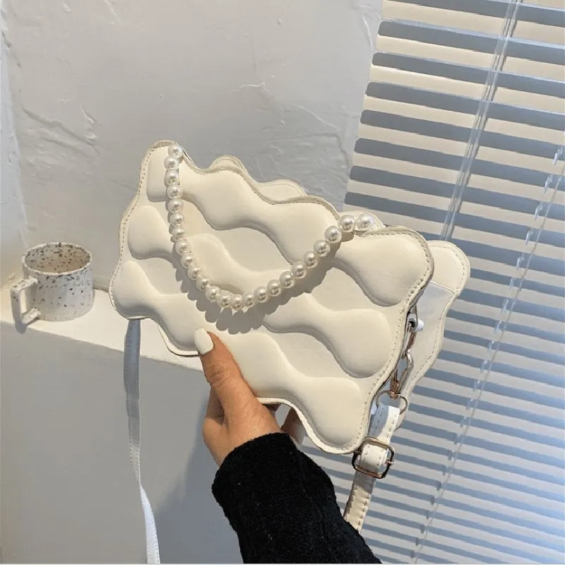 Wave Embossed Design Pearl Decorative Solid Color Crossbody Bag