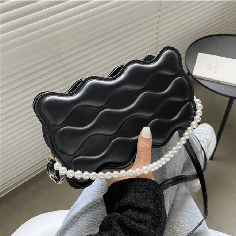 Wave Embossed Design Pearl Decorative Solid Color Crossbody Bag