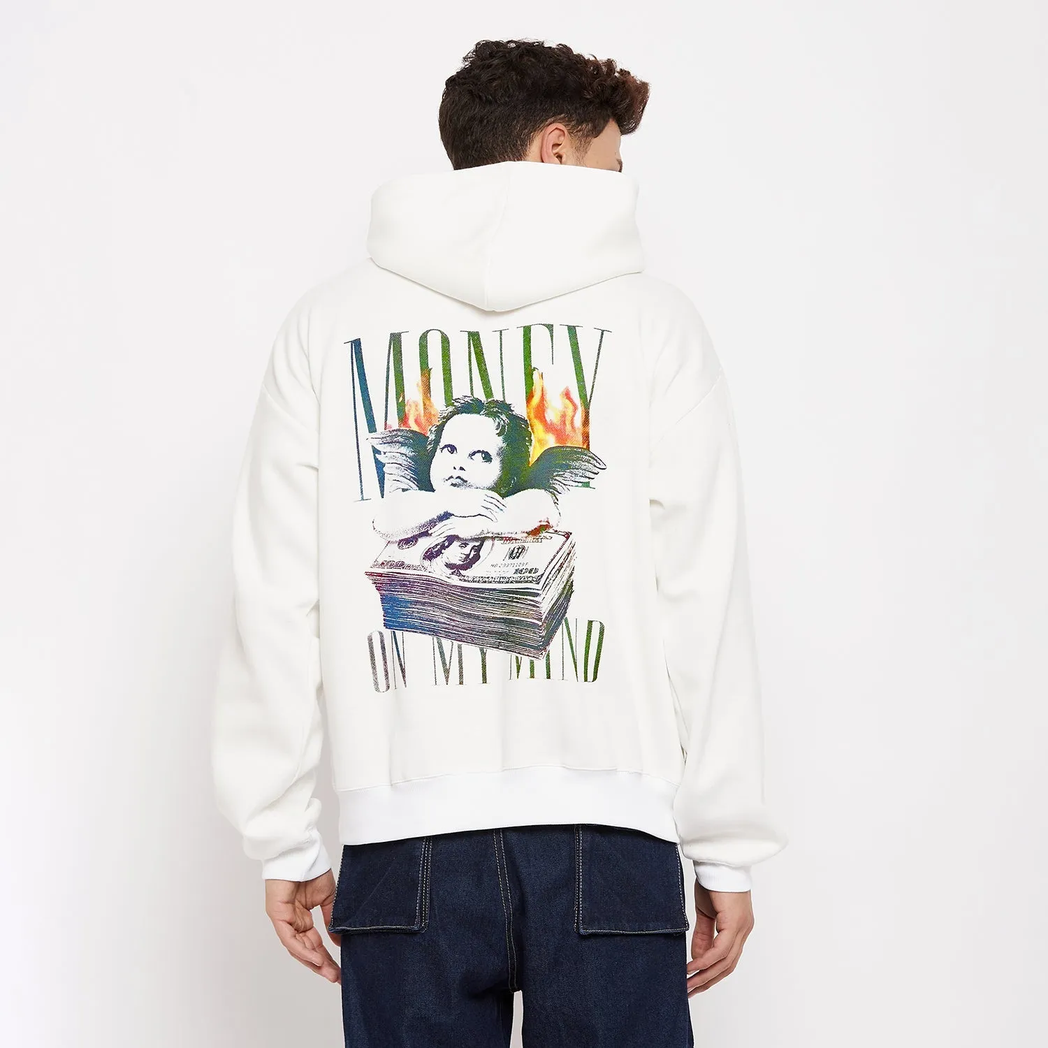 White Money Graphic Oversized Hooded Sweatshirt