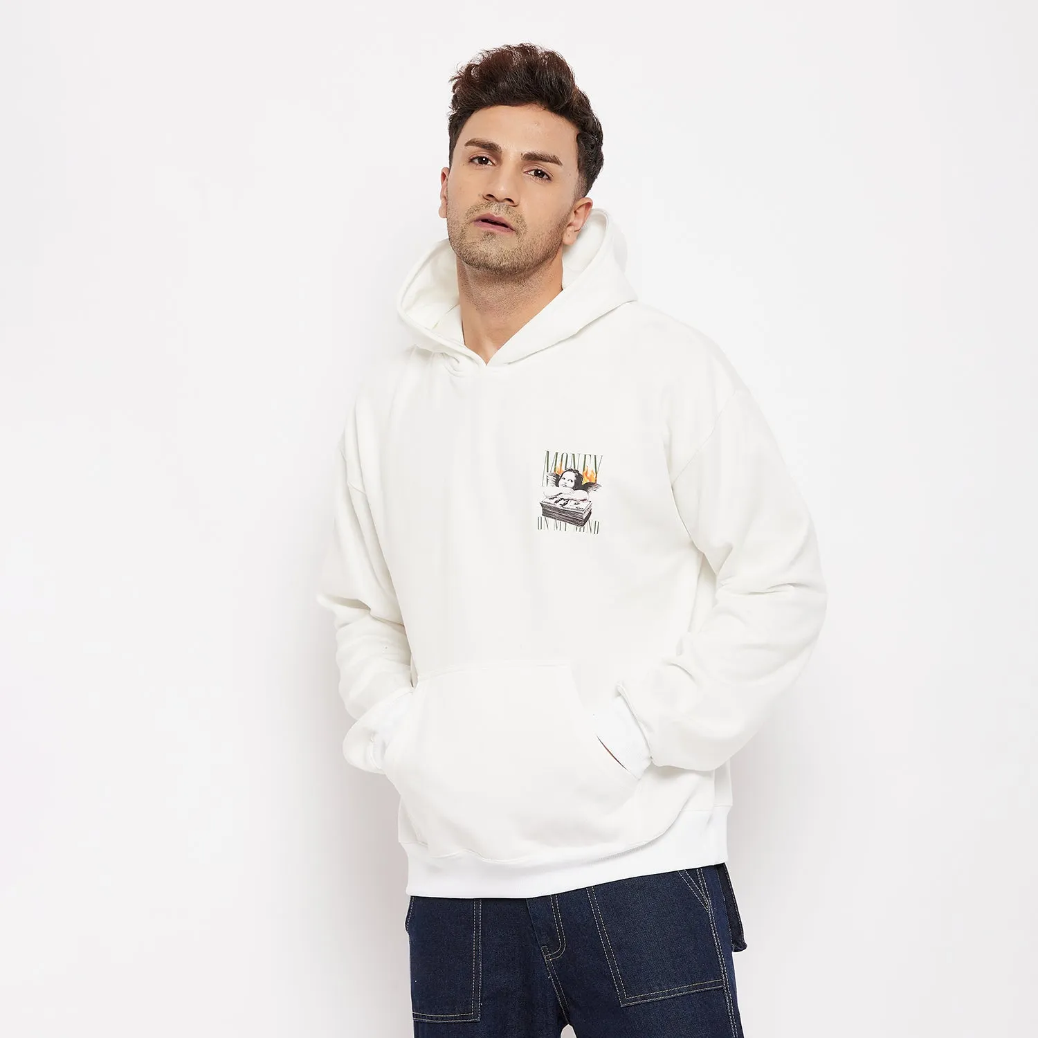 White Money Graphic Oversized Hooded Sweatshirt