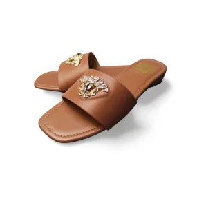 Women's Elegant Flat Sandals with Gold Medusa Embellishment