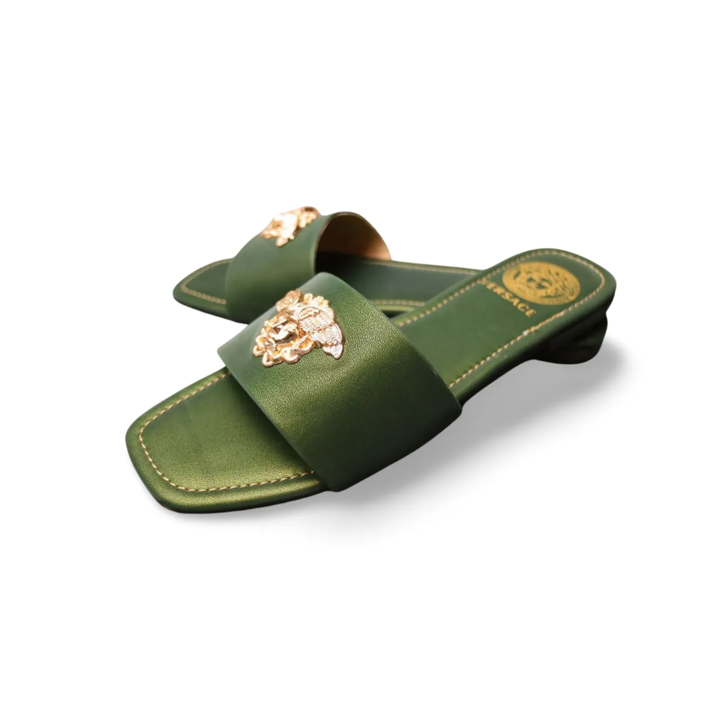 Women's Elegant Flat Sandals with Gold Medusa Embellishment