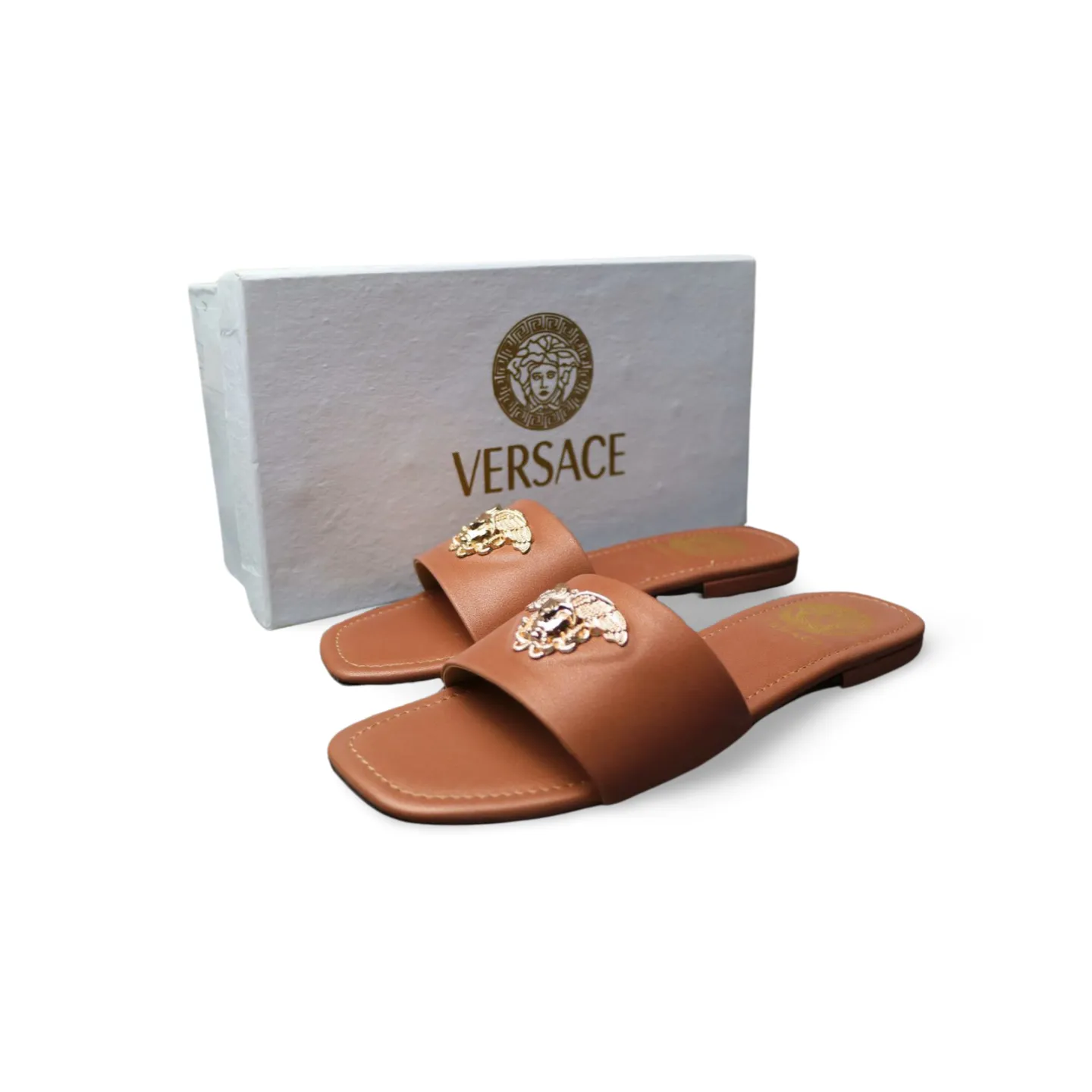 Women's Elegant Flat Sandals with Gold Medusa Embellishment