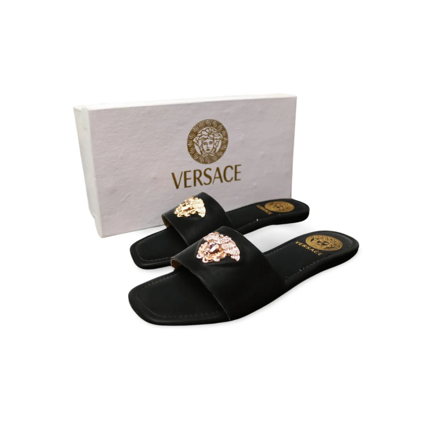 Women's Elegant Flat Sandals with Gold Medusa Embellishment